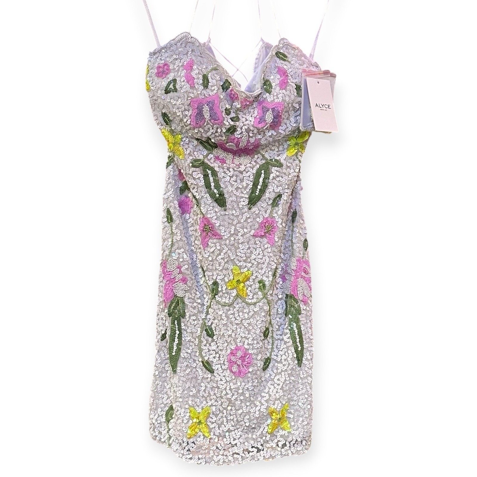 Alyce Paris Fully Beaded Dress Size 2 White Multicolor Floral Motif Nwt